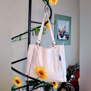 The Sak EUC Ivory Boho Studded Montara Tote Handbag Purse W/Fringe Retails: $139
